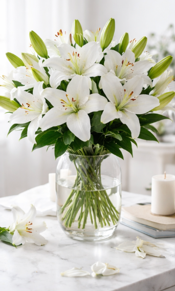 White Lily Bouquet - With Vase